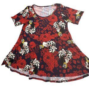 Disney Cruella De Vil lularoe Red Floral Tunic Top Short Sleeves shirt M READ